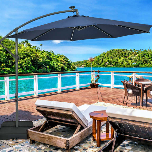 10FT Solar Offset Patio Umbrella, Hanging Cantilever Umbrella with 32 LED Lights, Adjustable Tilt, Sand Bag Base for Garden, Poolside, Yard