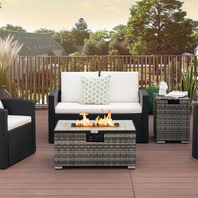 2-Piece Rattan Outdoor Fire Pit Table Set with Hideaway Tank Holder, Lava Rocks & Cover, 40,000BTU Wicker Propane Fire Table for Patio, Backyard