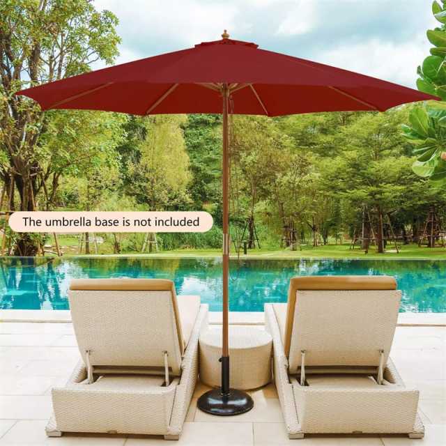 10FT Wooden Patio Umbrella with Rope Pulley Lift, 3 Height Adjustments, 8 Bamboo Ribs, Vented Roof Outdoor Table Umbrella for Poolside, Backyard