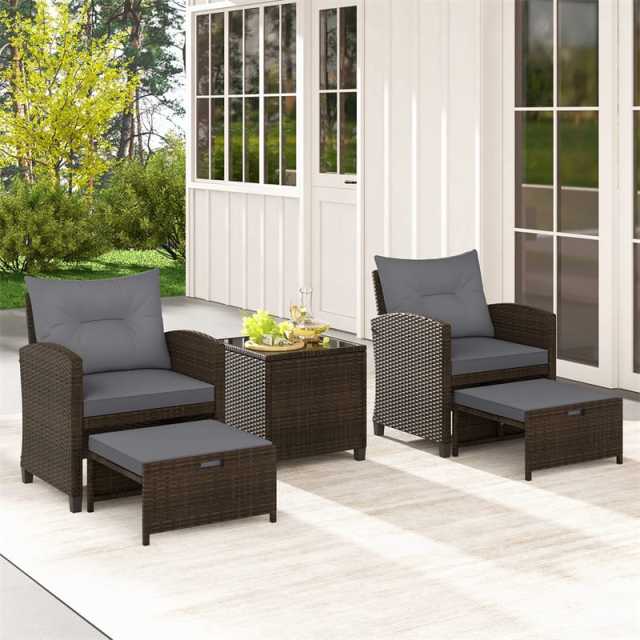 5-Piece Patio Rattan Furniture Set, Cushioned Wicker Chairs with 2 Ottomans & Glass Coffee Table, Outdoor Sectional for Porch Backyard Poolside