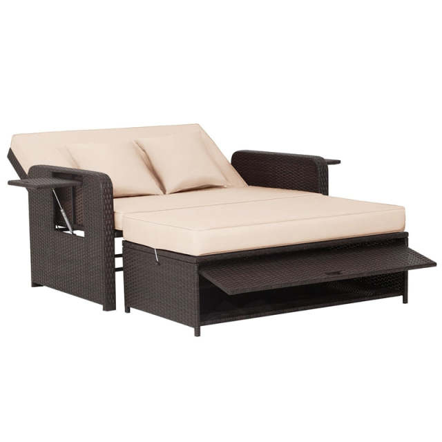 Patio Rattan Daybed Set, Outdoor Wicker Loveseat Sofa w/Multipurpose Ottoman, Retractable Side Tray, 4-Level Adjustable Backrest & Cushions