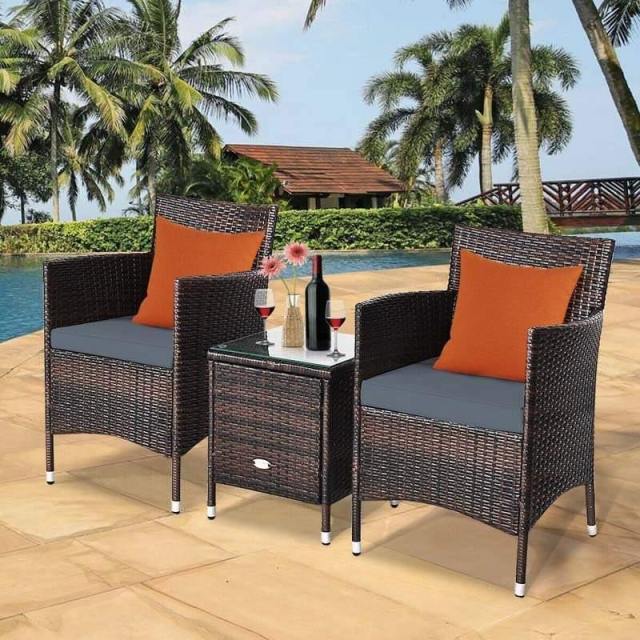Bestoutdor 3 Piece Patio Rattan Furniture Set, Outdoor Wicker Bistro Set with Cushions & Glass Top Coffee Table for Garden, Porch, Lawn