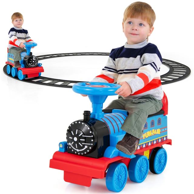 6V Electric Kids Ride On Train with Tracks, Storage Seat, Flashing Lights & Music, Battery Powered Ride-On Train Toy for Boys & Girls