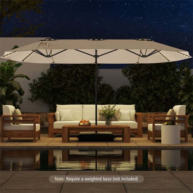 15.5FT Extra Large Patio Umbrella with 144 Solar LED Lights & Crank Handle, 12 Heavy-Duty Ribs Double-Sided Market Umbrella for Deck, Poolside