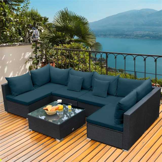 7-Piece PE Rattan Outdoor Sectional Sofa with Tempered Glass Top Table & Cushions, Wicker Patio Furniture Set for Garden Poolside Balcony