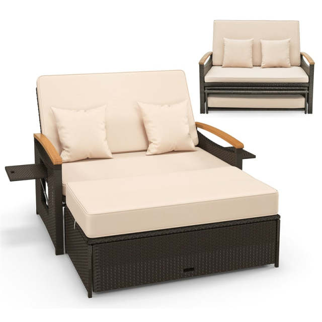 Patio Rattan Daybed Set with Cushioned Loveseat, Storage Ottoman, Retractable Side Tray, Backrest Adjustable Outdoor Double Chaise Lounge