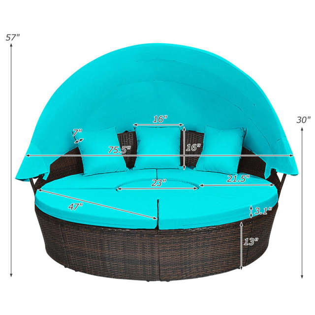 Round Patio Rattan Daybed with Retractable Canopy, Adjustable Coffee Table & Cushions, Outdoor Wicker Sectional Sofa for Poolside, Backyard