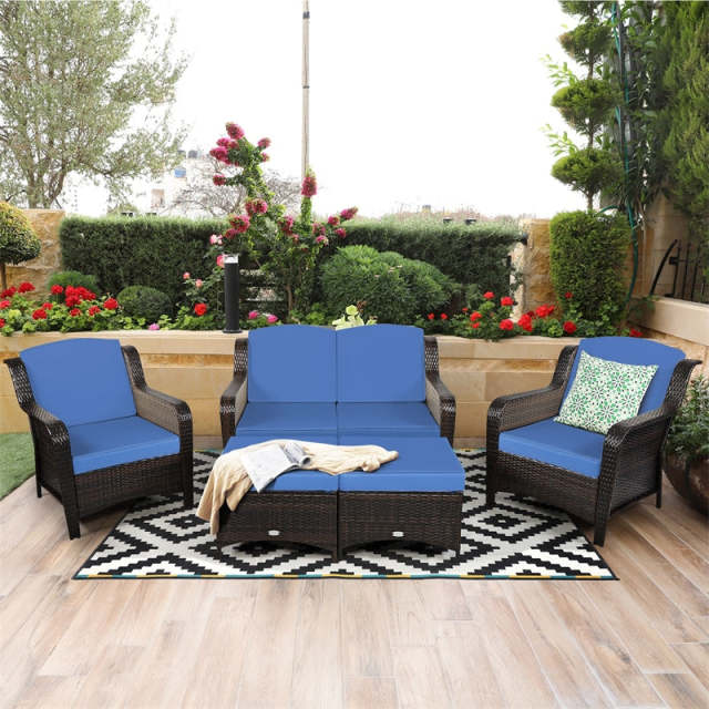 5 Piece Patio Rattan Furniture Set with Loveseat, 2 Cushioned Chairs & 2 Ottomans, Outdoor Wicker Conversation Set for Backyard, Balcony