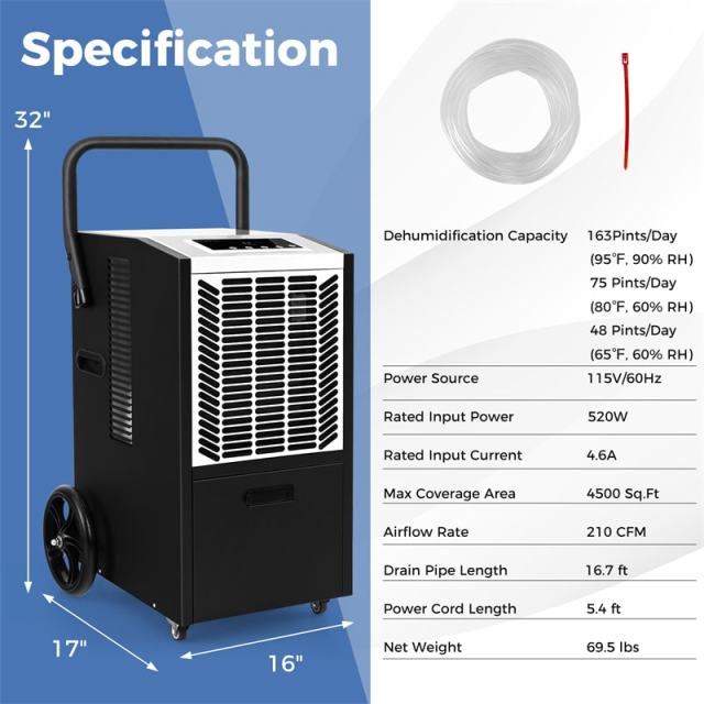163 Pints Commercial Dehumidifier, 4500 Sq.Ft Crawl Space Dehumidifier Heavy-Duty Portable Industrial Dehumidifier with Pump, Drain Hose, Wheels
