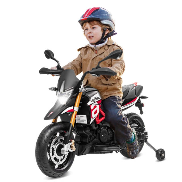 12V Kids Ride-On Motorcycle, Licensed Aprilia Electric Dirt Bike with Training Wheels, LED Lights & Music, Battery Powered Ride-On Car for Ages 3+