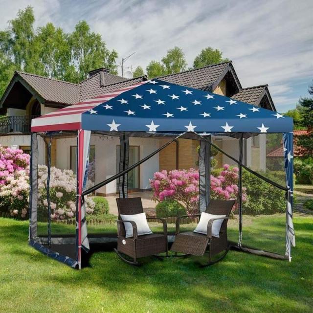 10’ x 10’ Pop-up Canopy Tent Easy Up Canopy with Mesh Sidewalls & Carrying Bag, American Flag Outdoor Canopy for Backyard Lawn