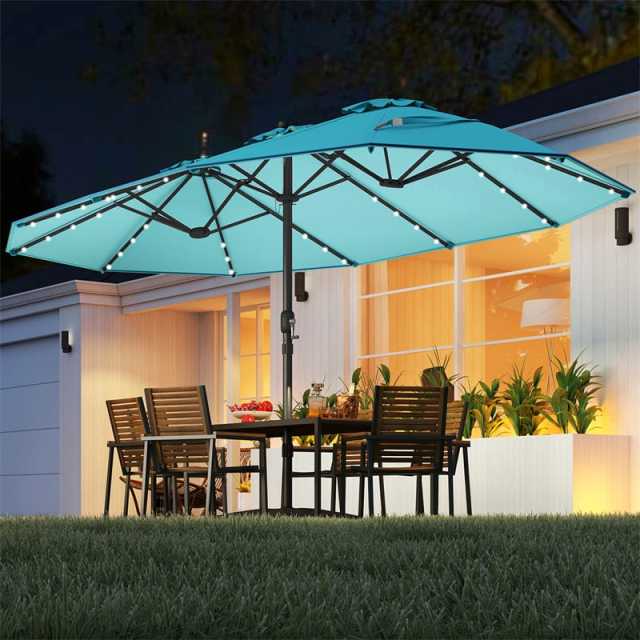 15FT Double-Sided Patio Umbrella with Base, 48 Solar LED Lights & Crank Handle, Extra Large Double Outdoor Umbrella for Poolside, Backyard