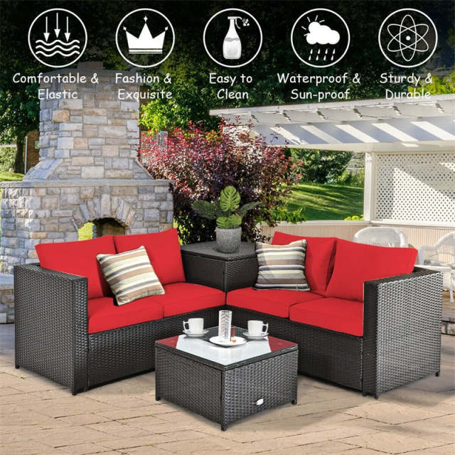 4 Piece Rattan Patio Conversation Furniture Set with Loveseat, Storage Box, Glass Top Coffee Table & Waterproof Cover for Garden, Poolside