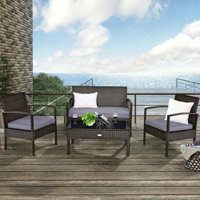 4 Piece Patio Conversation Set with Cushioned Rattan Sofas, Loveseat, Tempered Glass Table, Waterproof Outdoor Furniture for Poolside, Backyard
