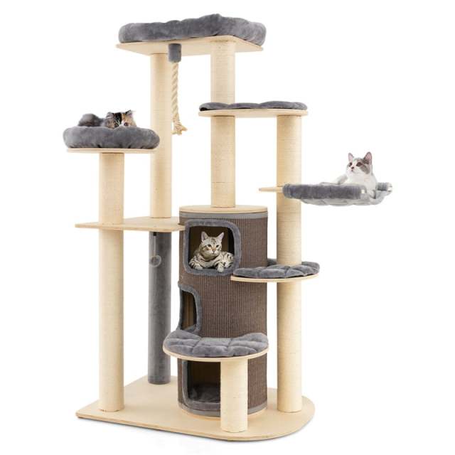 67" Tall Cat Tree, Modern Multi-Level Cat Tower with 3-Story Condo, 2 Perch, Hammock, Sisal Posts & Hanging Play Rope for Large Indoor Cats 20 lbs
