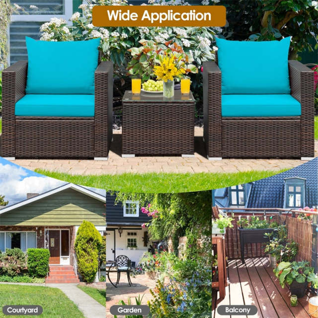3 Piece Patio Conversation Set, Outdoor Rattan Sofa Furniture Set with Washable Cushions & Tempered Glass Coffee Table for Poolside Backyard