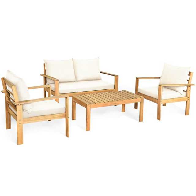 4 Piece Acacia Wood Patio Conversation Set Outdoor Chat Set with Loveseat Chairs & Coffee Table