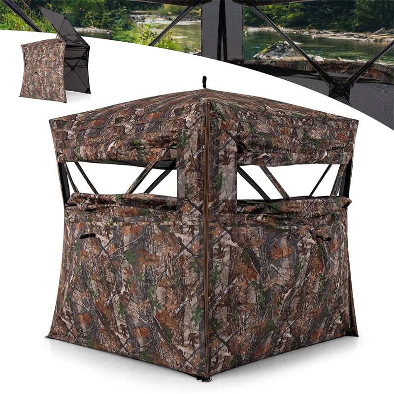 One-Way See-Through Hunting Blind 360 Degree Ground Blind 2-3 Person Camouflage Turkey Hunting Tent with Full-Open Door, Carrying Bag