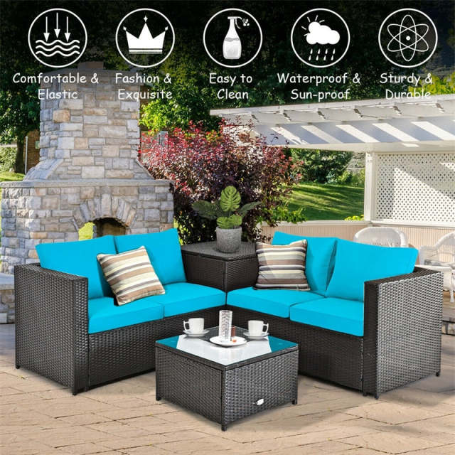 4 Piece Rattan Patio Conversation Furniture Set with Loveseat, Storage Box, Glass Top Coffee Table & Waterproof Cover for Garden, Poolside