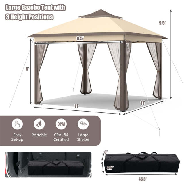 11' x 11' 2-Tier Patio Pop Up Gazebo Tent Portable Canopy Shelter with Mesh Netting & Carrying Bag