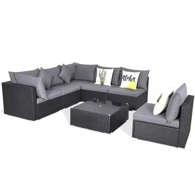 7-Piece PE Rattan Outdoor Sectional Sofa with Tempered Glass Top Table & Cushions, Wicker Patio Furniture Set for Garden Poolside Balcony