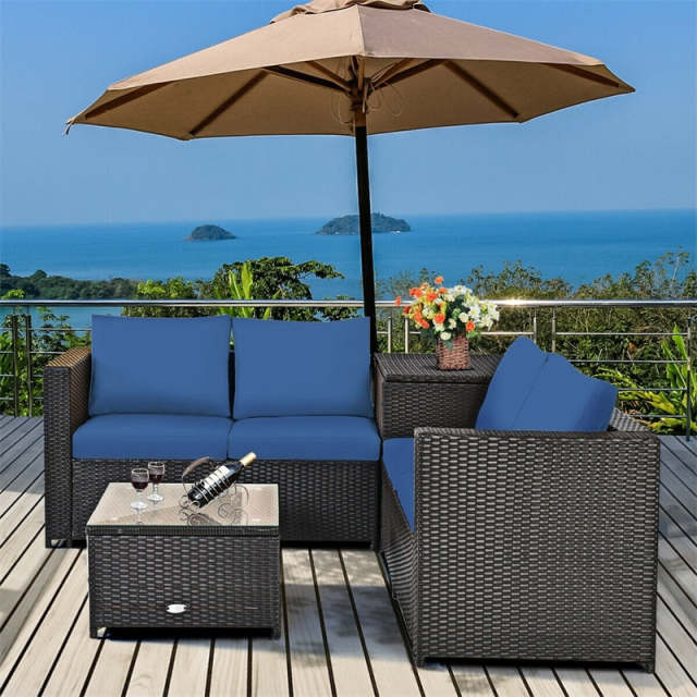 4 Piece Rattan Patio Conversation Furniture Set with Loveseat, Storage Box, Glass Top Coffee Table & Waterproof Cover for Garden, Poolside
