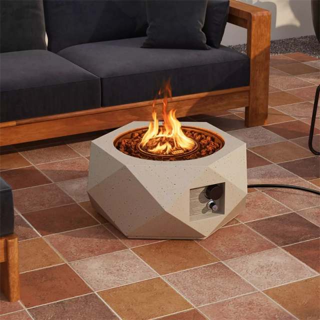 28" Propane Fire Pit Table, 40,000 BTU Hexagon Terrazzo Gas Fire Pit with Stainless Steel Burner, Lava Rocks, Protective Cover & Tank Seat for Patio