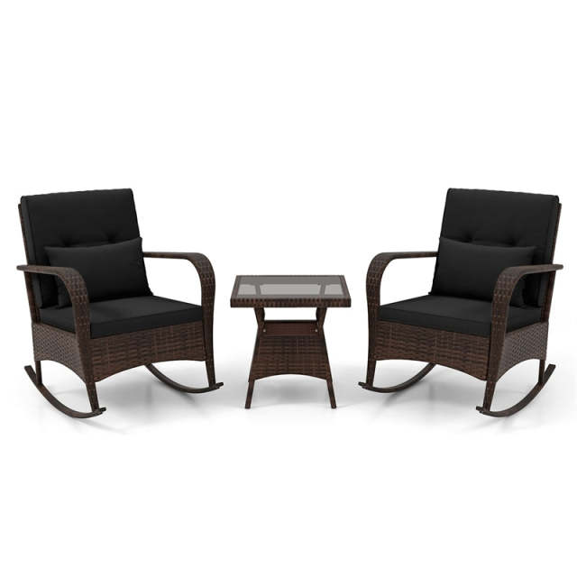 3-Piece PE Rattan Rocking Bistro Set with Removable Cushions & Tempered Glass Table, Outdoor Patio Furniture Set for Porch, Poolside, Backyard