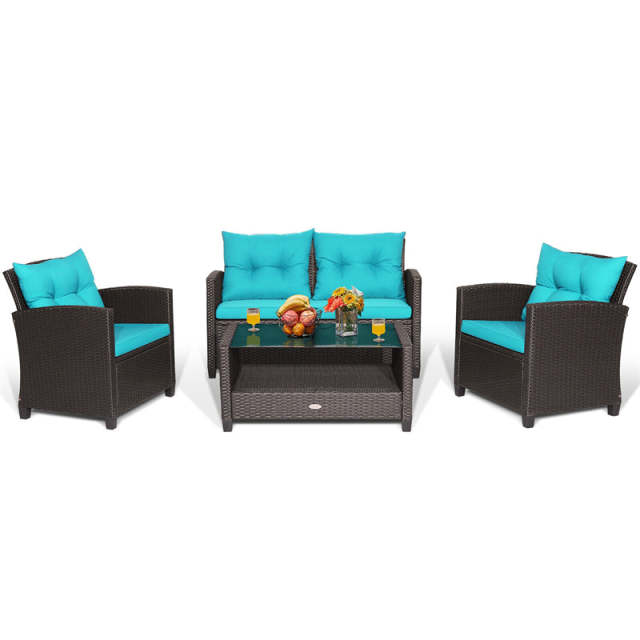 4 Piece Outdoor Rattan Furniture Set, Patio Conversation Set with Lower Shelf Coffee Table, Loveseat, 2 Cushioned Chairs for Garden Backyard