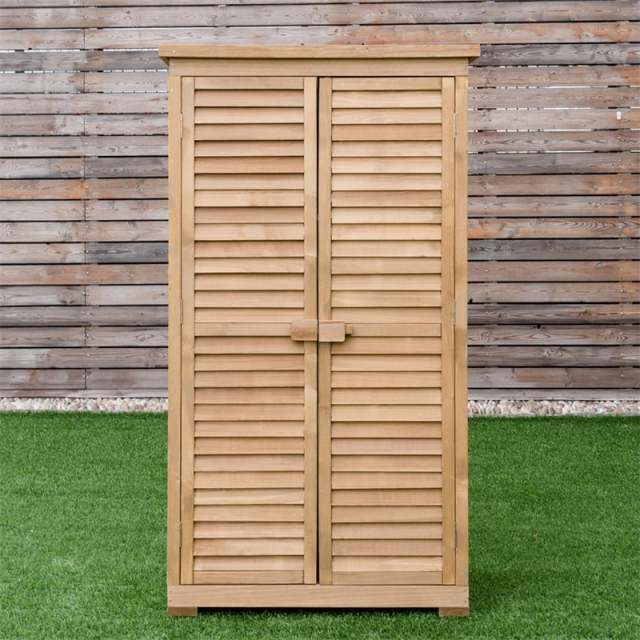63" Outdoor Wooden Storage Shed, Garden Tool Cabinet with Double Lockable Doors, Latch Detachable Shelves & Pitch Roof for Patio, Lawn, Yard