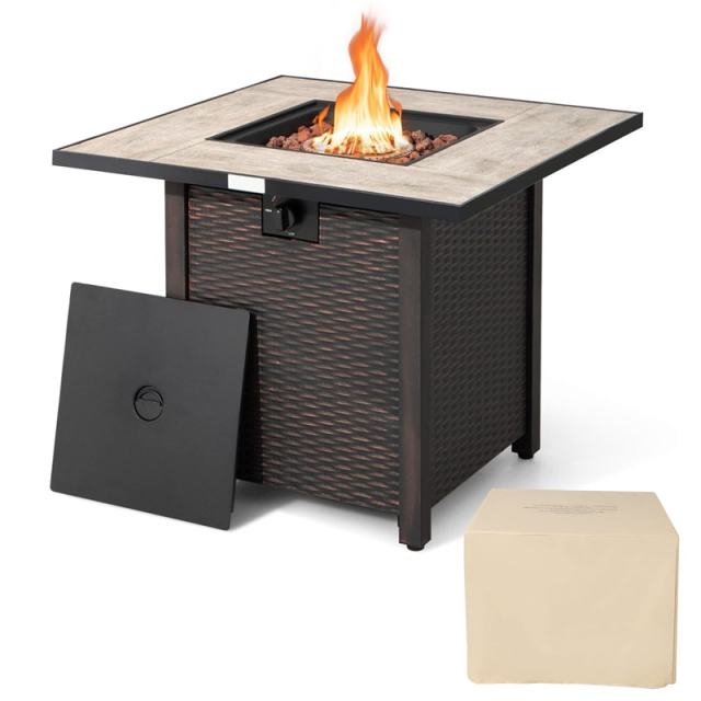 30" Square Propane Fire Pit Table with Ceramic Tabletop & Waterproof PVC Cover, CSA Certified 50,000 BTU Outdoor Gas Fire Pit for Patio, Backyard