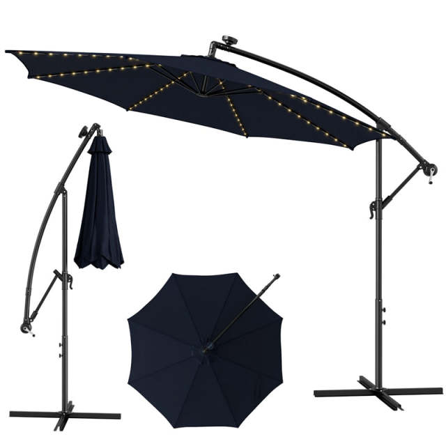 10FT Solar Offset Umbrella, Patio Cantilever Umbrella with 112 LED Lights, Adjustable Crank Handle & Tilt, Outdoor Market Umbrella for Poolside
