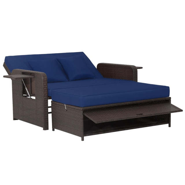 Patio Rattan Daybed Set, Outdoor Wicker Loveseat Sofa w/Multipurpose Ottoman, Retractable Side Tray, 4-Level Adjustable Backrest & Cushions