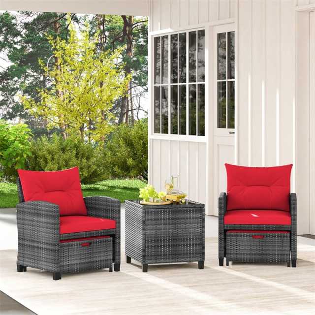 5-Piece Patio Rattan Furniture Set, Wicker Cushioned Chairs with 2 Ottomans & Tempered Glass Coffee Table for Backyard, Lawn, Poolside, Deck