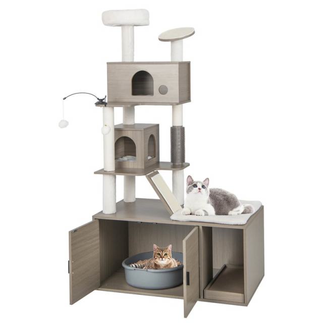 68" Tall Cat Tree Cat 2-in-1 Modern Cat Tower with Hidden Litter Box Enclosure 2 Comfy Cat Condos & Large Platform for Indoor Cats
