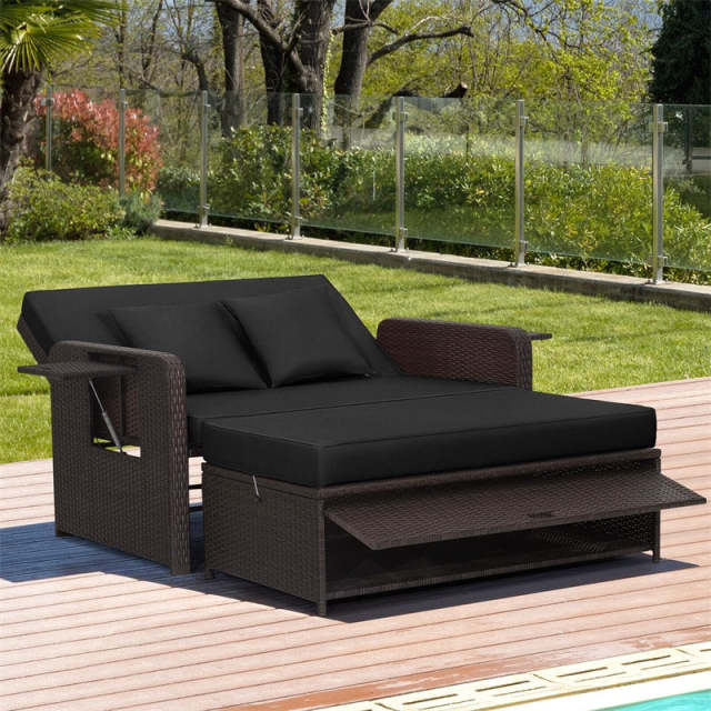 Patio Rattan Daybed Set, Outdoor Wicker Loveseat Sofa w/Multipurpose Ottoman, Retractable Side Tray, 4-Level Adjustable Backrest & Cushions