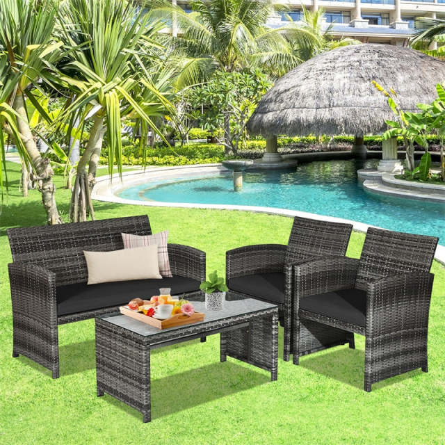 4-Piece Patio Wicker Conversation Set, Outdoor Rattan Sofa Chairs with Cushions & Tempered Glass Coffee Table for Balcony, Backyard, Garden