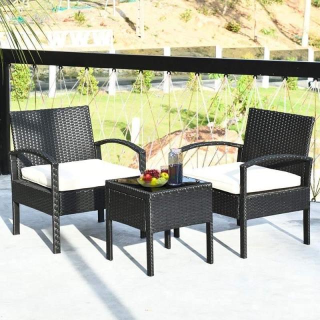 3-Piece Rattan Patio Conversation Set Wicker Bistro Furniture Set Cushioned Sofa Deck