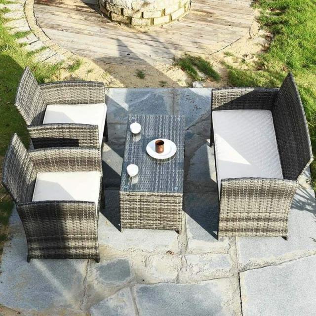 4-Piece Patio Wicker Conversation Set, Outdoor Rattan Sofa Chairs with Cushions & Tempered Glass Coffee Table for Balcony, Backyard, Garden