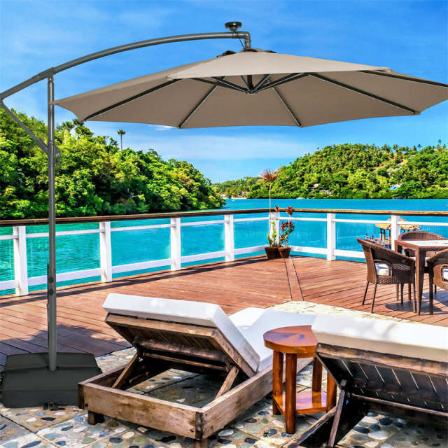 10FT Solar Offset Patio Umbrella, Hanging Cantilever Umbrella with 32 LED Lights, Adjustable Tilt, Sand Bag Base for Garden, Poolside, Yard