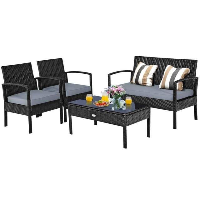 4 Piece Patio Conversation Set with Cushioned Rattan Sofas, Loveseat, Tempered Glass Table, Waterproof Outdoor Furniture for Poolside, Backyard