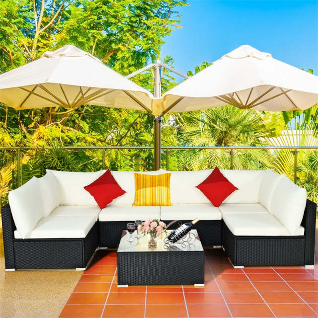 7-Piece PE Rattan Outdoor Sectional Sofa with Tempered Glass Top Table & Cushions, Wicker Patio Furniture Set for Garden Poolside Balcony