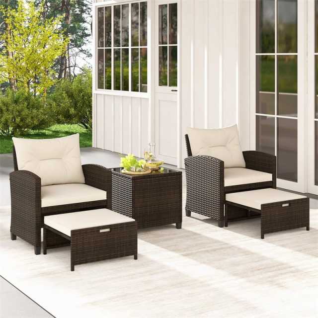 5-Piece Patio Rattan Furniture Set, Cushioned Wicker Chairs with 2 Ottomans & Glass Coffee Table, Outdoor Sectional for Porch Backyard Poolside