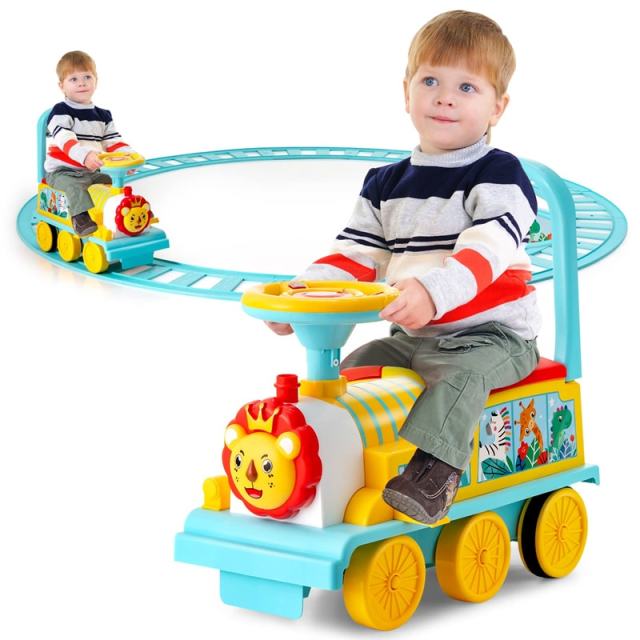 6V Electric Kids Ride On Train with Tracks, Storage Seat, Flashing Lights & Music, Battery Powered Ride-On Train Toy for Boys & Girls
