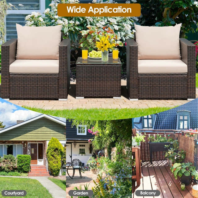 3 Piece Patio Conversation Set, Outdoor Rattan Sofa Furniture Set with Washable Cushions & Tempered Glass Coffee Table for Poolside Backyard