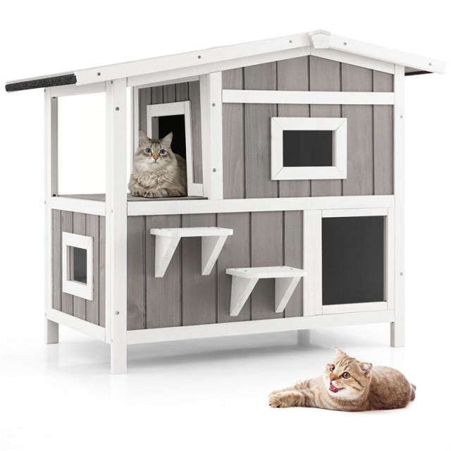 2-Story Outdoor Cat House Weatherproof Wooden Feral Cat Shelter Kitten Condo Cage with Escape Door, Balcony & 2 Jumping Platforms