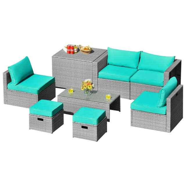8 Piece Patio Furniture Set, PE Rattan Sectional Sofa Set with Storage Box, Ottomans, Coffee Table, Waterproof Cushions for Poolside/Balcony