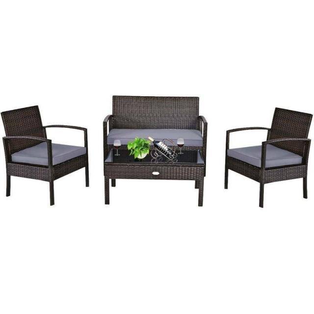 4 Piece Patio Conversation Set with Cushioned Rattan Sofas, Loveseat, Tempered Glass Table, Waterproof Outdoor Furniture for Poolside, Backyard