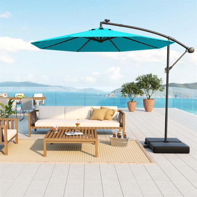 10FT Solar Offset Patio Umbrella, Hanging Cantilever Umbrella with 32 LED Lights, Adjustable Tilt, Sand Bag Base for Garden, Poolside, Yard