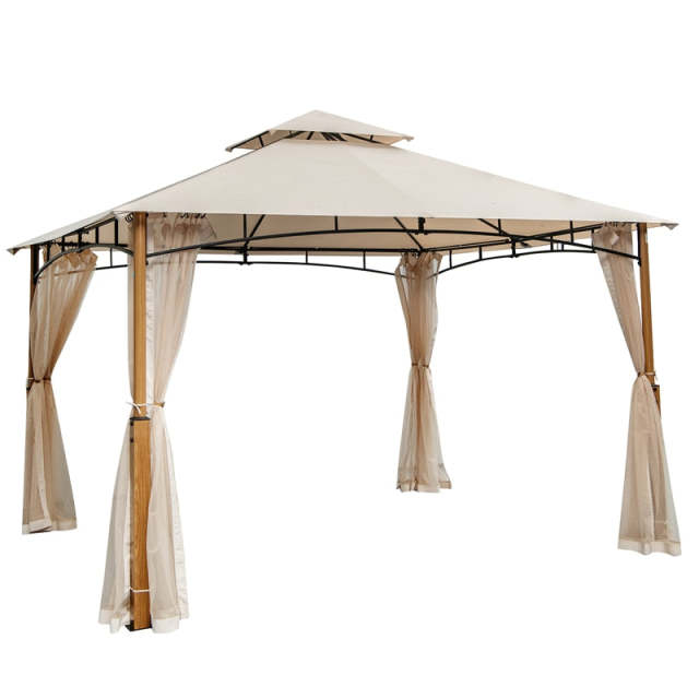 12' x 10' Outdoor Patio Gazebo with Netting, 2-Tier Canopy Roof Gazebo Tent Metal Frame Sunshade Shelter for Patio Yard Garden Lawn Deck
